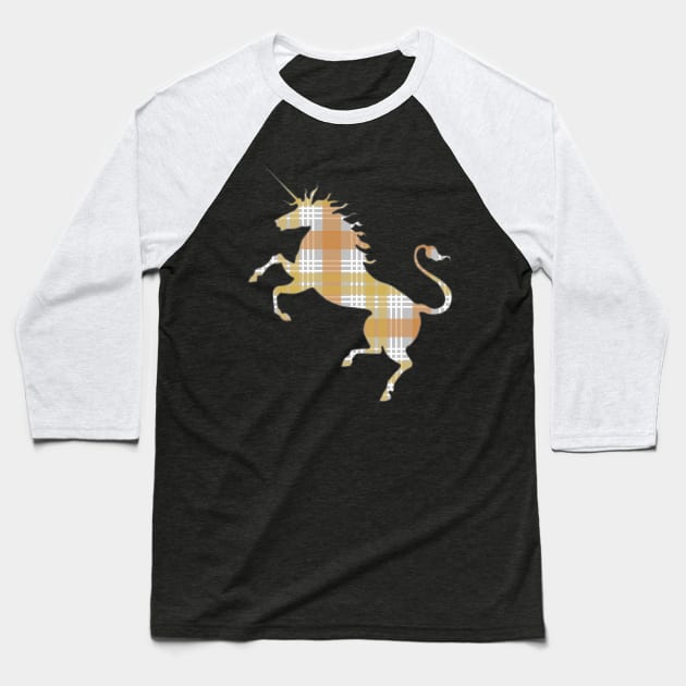 Scottish Metallic Gold, Silver and Bronze Tone Tartan Rearing Unicorn Silhouette Baseball T-Shirt by MacPean